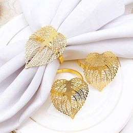 Napkin Rings 12pcs/lot Golden Leaf Ring Metal Hollow Buckle Holiday Party Table Top Decoration