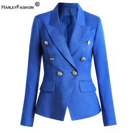 HARLEYFASHION European High Quality Luxurious Slim Formal Wear Suit Jacket Metal Lion Buttons Long Sleeve Ladies Blazer X0721
