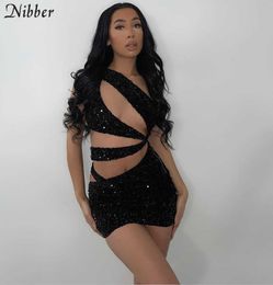 Nibber Sexy Hollow Clubwear Shining Mini Dresses For Women's Clothing Urban Bandage Backless Party Bodycon Mini Dress Female2021 Y0726