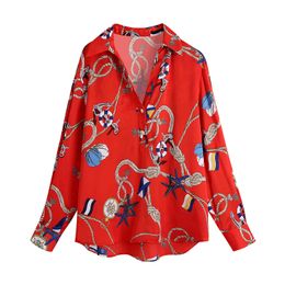 Women Fashion Printed Loose Red Blouses Vintage Long Sleeve Button-up Female Shirts Blusas Chic Tops 210430