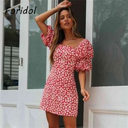 Foridol Casual Red Floral Print Boho Dress Summer Beach Dress Women Famale Short Mini Sundress Vintage Vestidos De Mujer Fashion 210415