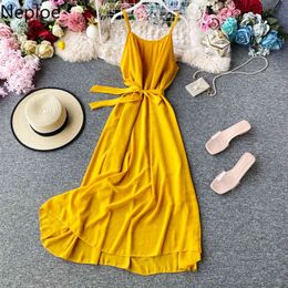 Neploe Party Dress Women Fashion O Neck Camis Beach Holiday Dresses Summer Solid Lace Up Slim Waist Vestidso Femme 1C763 210423