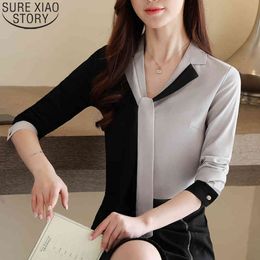 Korean Loose Plus Size Grey Blouse Autumn Style Long-Sleeve Chiffon Shirt Women V Neck Ladies Clothing 10753 210417