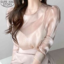 Sexy See Through Blouse Spring Women Tops Temperament Vintage Lantern Long Sleeve O-neck Apricot Clothes Blusas 13617 210417