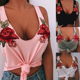 HOT SALES!!! Sexy Women\'s Summer Low Cut Flower Embroidery Vest SleevelTank Top X0507
