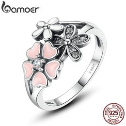 Fashion 925 Sterling Silver Pink Flower Poetic Daisy Cherry Blossom Finger Ring for Women #6 7 8 9 Size Jewellery SCR004 211217