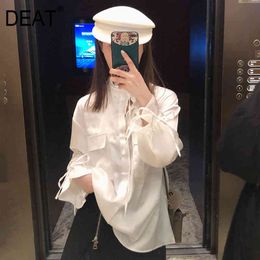 Women White Irregular Hand Strap Bandage Blouse Stand Neck Long Sleeve Loose Shirt Fashion Spring Summer 7D0032 210421