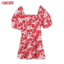 Summer Women Red Flowers Print Sundress Square Neck Short Sleeve Ladies Mini Dress Vestidos 6H26 210416