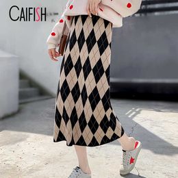 Skirts CAIFISH Knitted Long Maxi Skirt Women Autumn Winter Korean Fashion All-match A Line High Waisted Midi Plaid QT1362