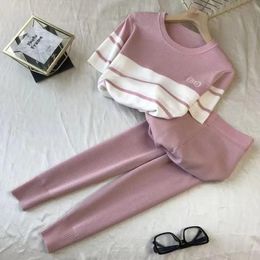 Womens Two Piece Pants Spring Summer Striped Short Sleeve Knitted Korean 2 Set Women Patchwork o Neck Tops and Pant Suits Pink Casual Track