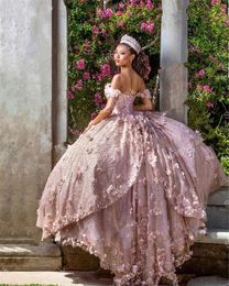 Rose Gold Sparkly Ball Gown Quinceanera Dresses Gorgeous Sequines Beads 3D Flowers Sweet 15 16 Dress Party Wear XV Anos 2022