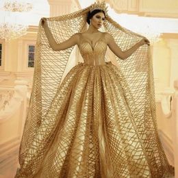 Arabic Dubai Gold Wedding Dresses With Veil Sequin Bridal Gowns Sexy V Neck Plus Size Sweep Train Vestido De Fiesta Boda