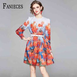 Autumn Runway Designer mini A-Line Dress With Belt Women's Elegant Office Lady Long Sleeve Flower Print Dresses vestido de mujer 210520