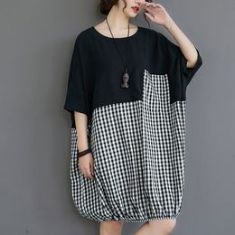 Oversized Women Cotton Casual Dress New Summer Simple Style Vintage Plaid Patchwork Loose Female Knee-length Dresses S3563 210412