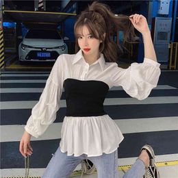 early autumn new ladies lapel shirt fight reception waist long-sleeved temperament knitted fake two-piece thin top women 210412