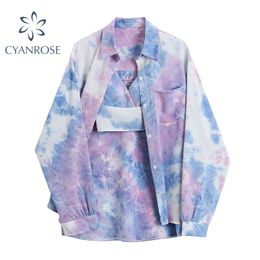 Womens Tie Dye Blouses With Camisole Sets Streetwear Sexy Retro Grunge 2 Pieces Tide Cardigan Shirts+Strap Tops 2 Pieces Outfits 210417