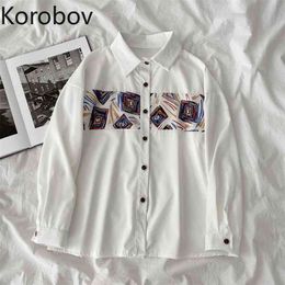 Korobov New Arrival Long Sleeve Shirt Korean Chic Long Sleeve Harajuku Women Shirts Preppy Style Ulzzang Print Blouses 210430