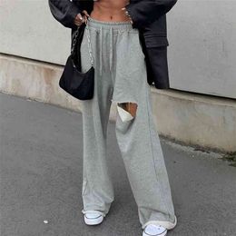 Fashion High waist sweat pants women Autumn and Winter Hole Mopping Casual Pants Sports Wide Leg 4 Colors 210508