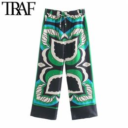 TRAF Women Fashion Side Pockets Printed Wide Leg Pants Vintage High Elastic Waist Drawstring Female Ankle Trousers Mujer 210915