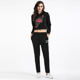 Chinese style Flower Embroidery Sports Suit Long Sleeve Short Sweater Pants Two-piece Set Casual Regular Hooded Two Piece Outfit 210507