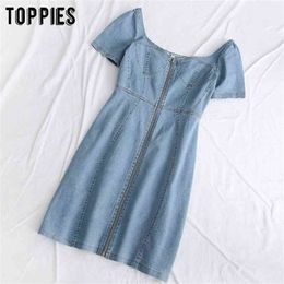 summer slim bodycon denim dress front zipper sexy v-neck women mini chic party clothes 210421