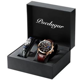 POEDAGAR Men Watches Fashion Leather Waterproof Luminous Top Brand Luxury Mens Quartz Wristwatch Relogio Masculino 210804