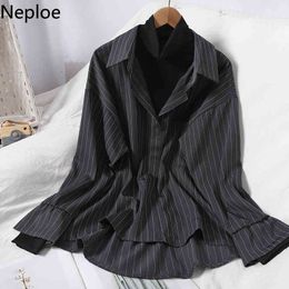 Neploe Blusas Mujer De Moda Korean Half Turtleneck Patchwork Striped Shirts Chic Fake Two Blouses Loose Casual Blouse Tops 210422