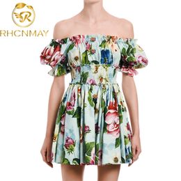 Runway Women Off Shoulder Print Ruffles Buttons Pocket Elastic Waist Beach Boho Dress Summer Puff Sleeve Rose Floral Short 210506