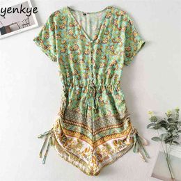 Vintage Floral Print Holiday Beach Jumpsuit Women V Neck Short Sleeve Drawstring Summer Casual mono mujer 210514