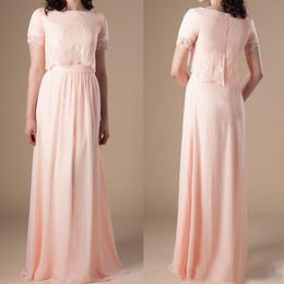 Rustic Pink Chiffon Bridesmaid Dress A Line Floor Length Short Sleeve Boho Beach Bridesmaids Formal Dresses Top Lace Crew Neck Summer Wedding Guest Gowns Plus Size