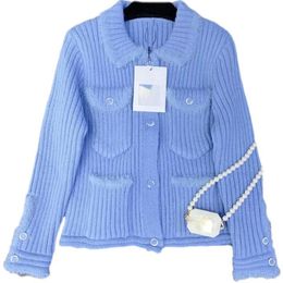 1112 2022 Milan Runway Spring Brand SAme Style Sweater Long Sleeve High Quality Cardigan Lapel Neck Fashion Black Pink Blue Striped Clothes Womens zheyang