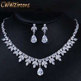 CWWZircons Best Bridal Party Accessories Silver Color Cubic Zirconia Wedding Necklace Earrings Jewelry Set For Brides T037 H1022