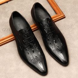 Black Brown Men Genuine Leather Oxford Shoes Pointed Toe Lace-Up Oxfords Dress Brogues Wedding Business Italian Shoes Men