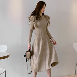 Elegant Ruffles A-Line Knit Dress Women Long Sleeve Slim Waist Lace-Up Basic Sweater Autumn Winter Casual Solid Dresses 210416