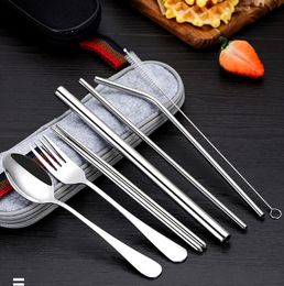 6pcs/set 304 Stainless Steel Portable Tableware Combination Titanium-plated Straw Fork Spoon Chopstick Combination Six-piece Set