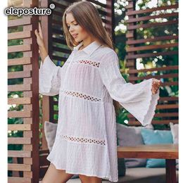 Bikini Cover Up Women Hollow Out Beach Dress Long Sleeve Cardigan Blouse Summer Bathing Suit Cover-Ups Beachwear Tunics 210521