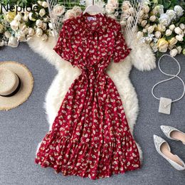 Neploe Women Floral Print Bow Chiffon Dress Short Sleeve Stand Collar Slim Waist Holiday Midi Dresses Vintage Vestidos 1C513 210423