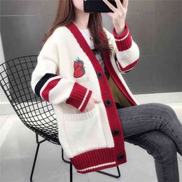 Cardigan Women Knitted Cardigans Sweater Fashion Autumn Long Sleeve Loose Coat Casual Button Thick V Neck Solid Female Tops 210427