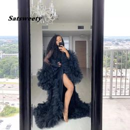 Chic See Through Tulle Prom Dress Ruffles Black Long Kimono Tiered Ruched A-line Evening Gowns Puffy Sleeves African Cape Cloak
