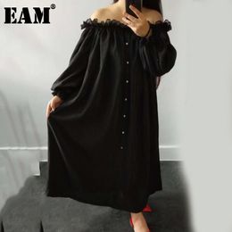 [EAM] Women Black Ruffles Stitch Big Size Long Dress Slash Neck Long Sleeve Loose Fit Fashion Spring Autumn 21512
