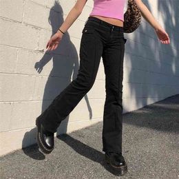 Spring Autumn Women Bell Bottom Black Jeans Vintage Pockets Button Low Waist Skinny Flare Female Casual Tight Denim Pants 210809