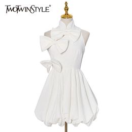 Casual White Patchwork Bowknot Dress For Women Stand Collar Sleeveless High Waist Mini Dresses Female Fashion Style 210520