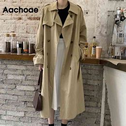 Aachoae Vintage Autumn Long Trench Coat Women Double Breasted Drawstring Sleeve Casual Windbreaker Turn Down Collar Ladies Coats 210413