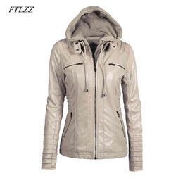 Plus Size 7XL Women Hooded Faux Leather Jacket Pu Motorcycle Hat Detachable Casual Punk Outerwear 210423