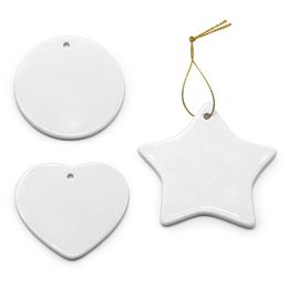 Blank White Sublimation Ceramic pendant Creative Christmas ornaments Heat transfer Printing ceramic ornament heart round Christmas decor RRB16628