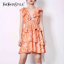 Print Patchwork Ruffle Dress For Women V Neck Short Sleeve High Waist Midi Dresses Female Summer Fashion Style 210520
