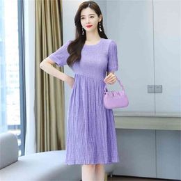 French style summer O Neck Solid color Dress Short sleeve purple Female dress for women plus size 210507