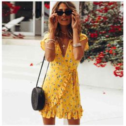 Women Dress Short Sleeve Wrap Boho Floral Mini Fashion Ladies Summer Beach Casual V-Neck Sundress Holiday Ruffles 210522