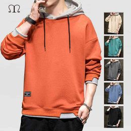 Mens Sweatshirt Long Sleeve Fack Two Pieces Autumn Spring Male Casual Hoodies Top Blouse Tracksuits Sweatshirts Hoodie Men 4XL 211217