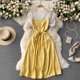 SINGREINY Women Elegant French Dress Chic Lace V Neck Dot Puff Sleeve A-line Dresses Summer Fashion Streetwear Midi Dress 210419